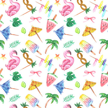 A colorful seamless pattern with drinks, cocktails, lemonades, flowers, flamingos, palms, cocktail umbrellas, leaves and flowers. Bright summer background.