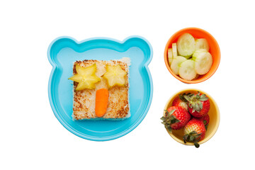 School lunch box snacks for kids over white background. Back to school. Healthy and fun snacks option for parents. Cute food art creative concepts. Bows with fruits and vegetables and cute sandwich.