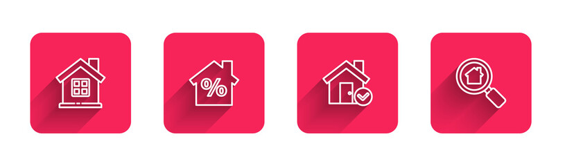 Set line House, with percant discount, check mark and Search house with long shadow. Red square button. Vector