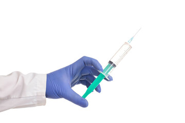 Doctor holding a syringe with medicine in hand on white background, isolate. Coronavirus vaccine