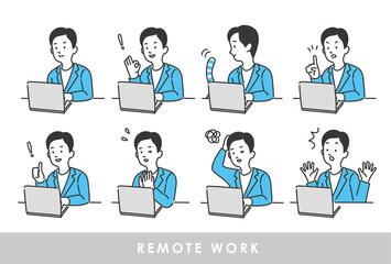 リモートワークをする男性の表情のパターンイラストのセット素材