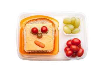 School lunch box snacks for kids over white background. Back to school. Healthy and fun snacks option for parents. Cute food art creative concepts. Bows with fruits and vegetables and cute sandwich.