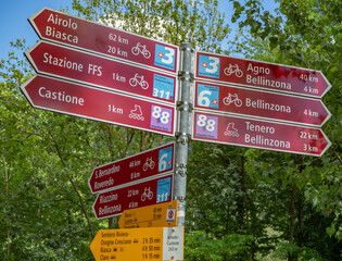 Sign for leisure cyclists close to Bellinzona, Switzerland.
