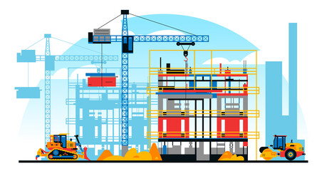 A building under construction against the background of a city under construction. A site with heavy commercial vehicles. Crane, sand. Vector illustration.