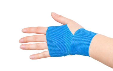 Blue elastic bandage on the wrist on a white background, isolate. Concept for fixation of the wrist joint for sports and avoidance of injuries, close-up
