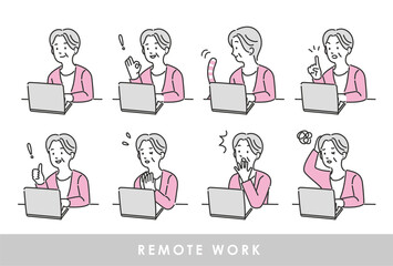 リモートワークをする中年女性の表情のパターンイラストのセット素材