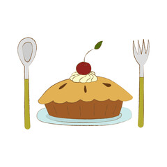 Hand drawn whole cherry pie with whipped cream and cherry on top served on a plate. isolated vector illustration on white background, doodle fork and spoon are on the sides