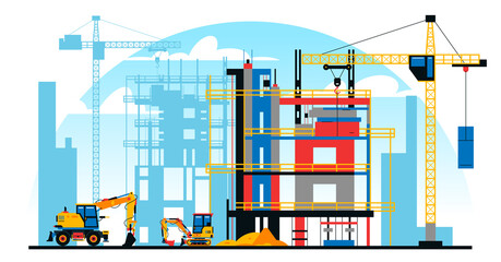 A building under construction against the background of a city under construction. A site with heavy commercial vehicles. Crane, sand. Vector illustration.