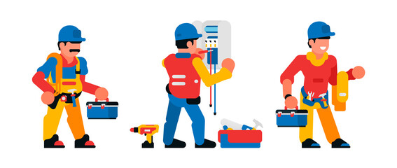 Fototapeta premium A set of workers working with electricity. Electricians, toolbox, shield, wires, switch, transformer, electricity, light. Vector illustration isolated on white background.