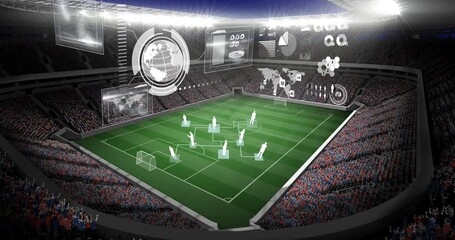 Animation of game tactics and digital interface on empty stands in sports stadium - Powered by Adobe