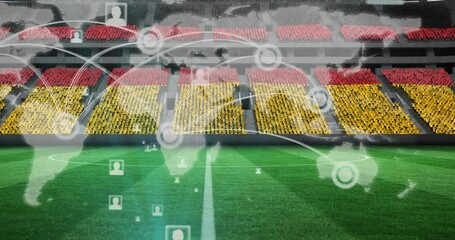 Animation of network of connections, world map over german flag on empty stands in sports stadium