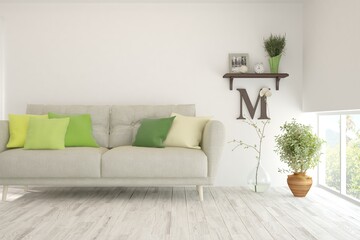 White living room with sofa. Scandinavian interior design. 3D illustration