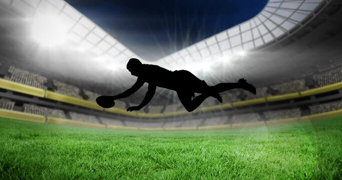 Animation of silhouette of rugby player kicking ball over empty stands in sports stadium