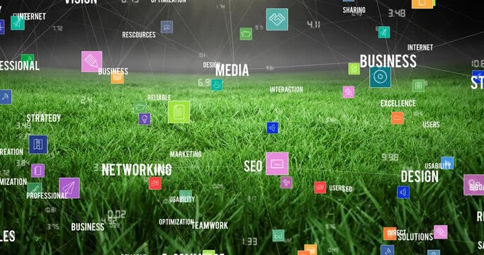 Animation of network of connections and text over empty stands in sports stadium