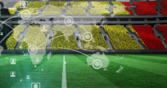 Animation of network of connections, world map over belgian flag on empty stands in sports stadium