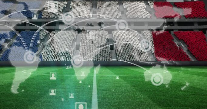 Animation of network of connections, world map over french flag on empty stands in sports stadium