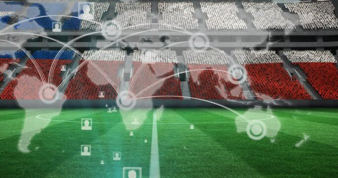 Animation of network of connections, world map over chilean flag on empty stands in sports stadium