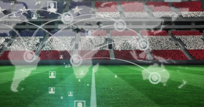 Animation of network of connections, world map over american flag on empty stands in sports stadium