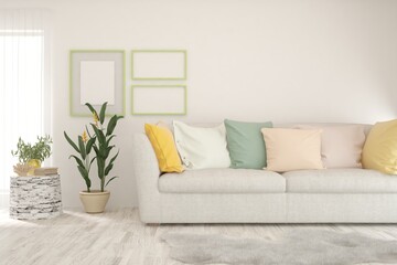 White living room with sofa. Scandinavian interior design. 3D illustration