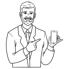 smiling businessman with full beard pointing at a smartphone. monochrome, outline, isolated, comic, avatar.