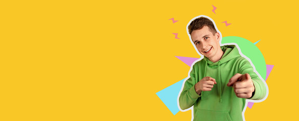 Portrait of young man on yellow background in magazine style, collage, flyer