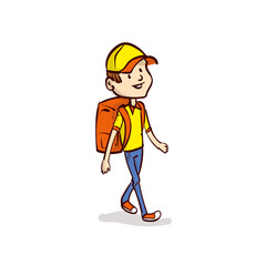 A young guy with a backpack is walking. Courier. Deliveryman. Work for a teenager. Teenager work on vacation. Hand drawn cartoon vector.