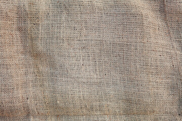 Texture of sack. Burlap background. Natural linen texture for background. Jute hessian sackcloth canvas sack cloth woven texture pattern in beige, gray, brown color. Copy space.