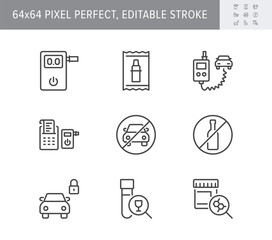 Breathalyzer line icons. Vector illustration include icon - police, sobriety, drug and alcohol control, alcoguard, mouthpiece outline pictogram for car alcolock. 64x64 Pixel Perfect, Editable Stroke