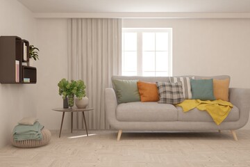White living room with sofa. Scandinavian interior design. 3D illustration