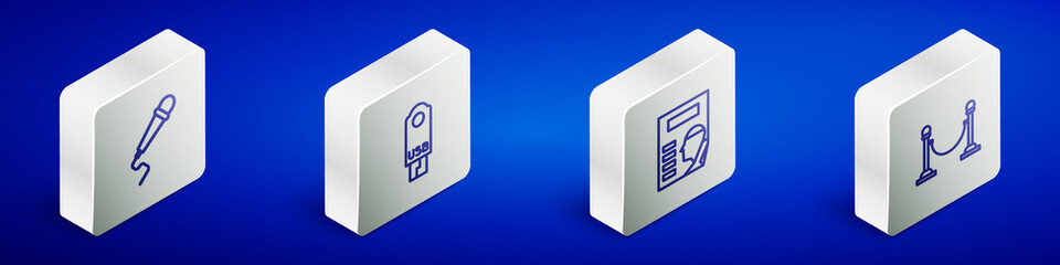 Set Isometric line Microphone, USB flash drive, Cinema poster and Rope barrier icon. Vector