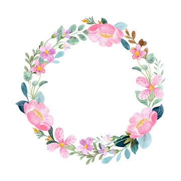 Pink floral wreath with watercolor
