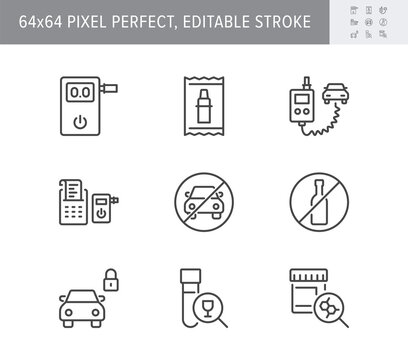 Breathalyzer line icons. Vector illustration include icon - police, sobriety, drug and alcohol control, alcoguard, mouthpiece outline pictogram for car alcolock. 64x64 Pixel Perfect, Editable Stroke