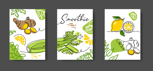 Smoothie ingredients wall decor or poster with ginger, lemon, celery. Vegetables wall line art decor. Set of vector illustrations, one continuous line drawing for kitchen or cafe