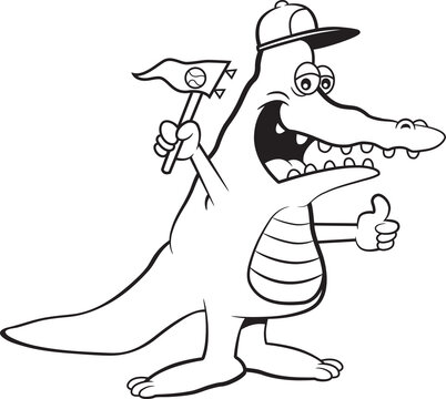 Black and white illustration of an alligator wearing a baseball cap and holding a pennant.