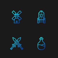 Set line Old bottle of wine, Crossed medieval sword, Windmill and Medieval throne. Gradient color icons. Vector