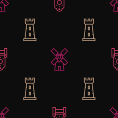 Set line Medieval throne, Castle tower and Windmill on seamless pattern. Vector