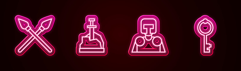 Set line Crossed medieval spears, Sword in the stone, Medieval knight and Old key. Glowing neon icon. Vector