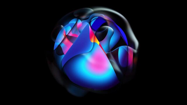 3d render of abstract art of surreal 3d ball or sphere in curve wavy round and spherical lines forms in transparent plastic material with glowing purple neon color lines or stripes on black background