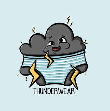 Thunderwear, Funny cartoon cloud in underwear, Digital Illustration