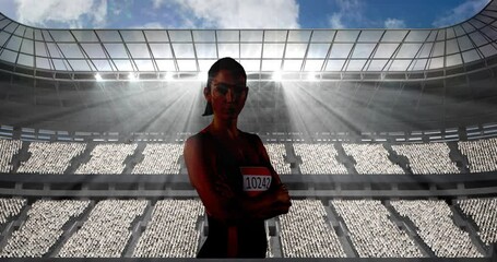 Animation of female athlete over sports stadium