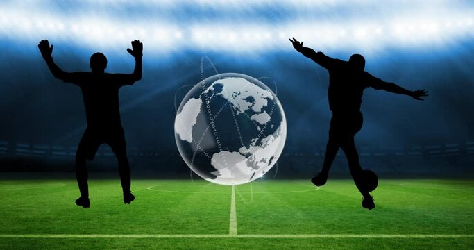 Animation of silhouettes of football players kicking ball and globe over sports stadium