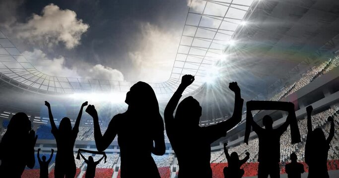 Animation of silhouettes of sports fans cheering over sports stadium