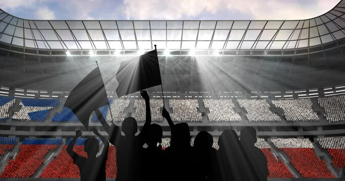 Animation of silhouettes of sports fan cheering with chilean flag over sports stadium