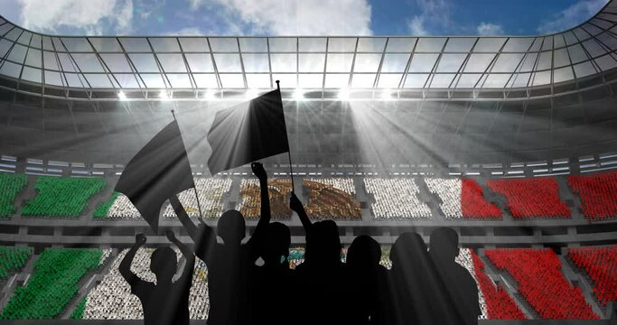 Animation of silhouettes of sports fan cheering with mexican flag over sports stadium