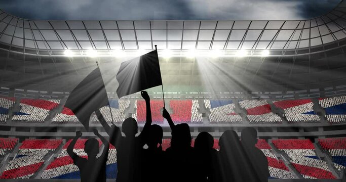 Animation of silhouettes of sports fans cheering with british flag over sports stadium