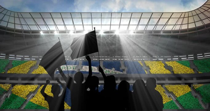 Animation of silhouettes of sports fans cheering with brazilian flag over sports stadium