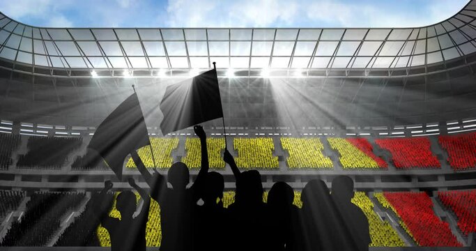 Animation of silhouettes of sports fans cheering with belgian flag over sports stadium