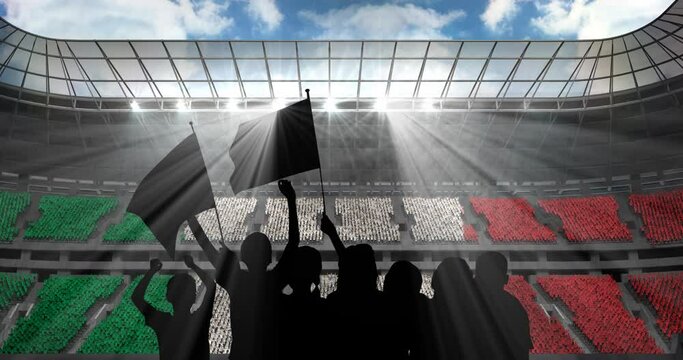 Animation of silhouettes of sports fans cheering with italian flag over sports stadium
