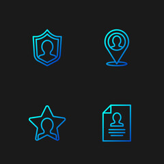 Set line Resume, Head hunting, User protection and Location with person. Gradient color icons. Vector