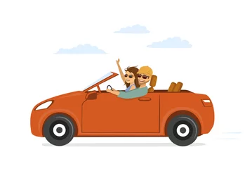 Fototapeten happy funny couple, man and woman in love on the roadtrip driving a car © VecTerrain